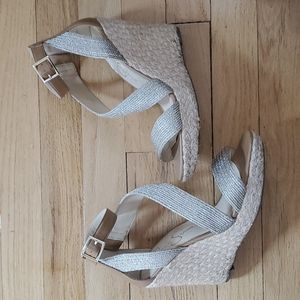 Gold and brown espadrille wedges
